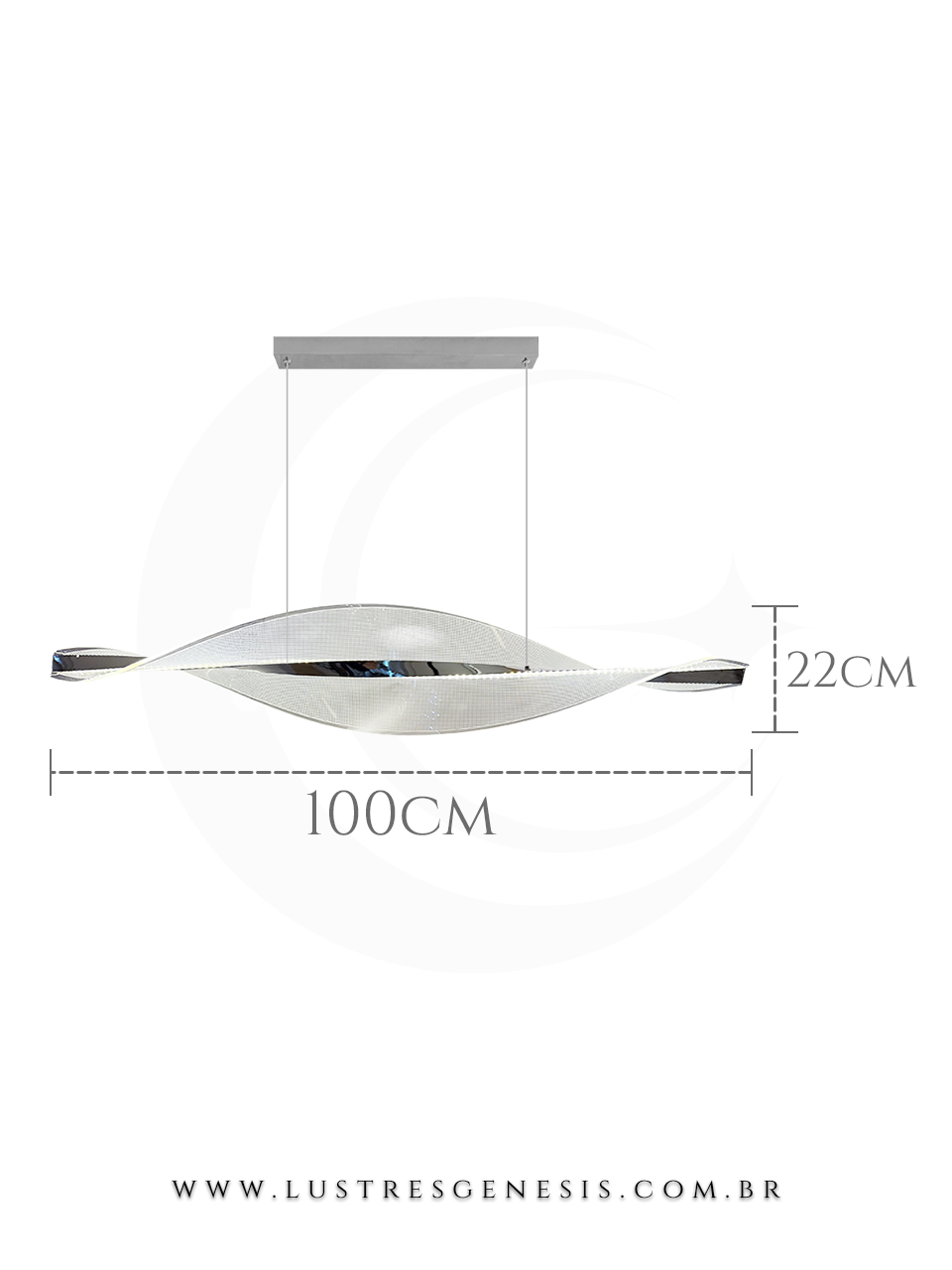 Lustre pendente Ripples cromado de 100cm da Sindora, design moderno, ideal para sala de jantar, escritórios e apartamentos.